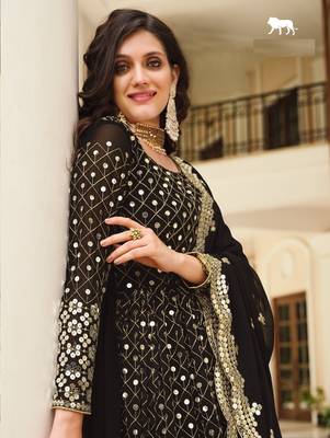 BLACK DESIGNER FANCY PARTY WEAR SEQUENCE WORK LONG ANARKALI GEORGETTE SALWAR SUIT SEMI STITCHED 2