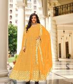 YELLOW DESIGNER FANCY PARTY WEAR SEQUENCE WORK LONG ANARKALI GEORGETTE SALWAR SUIT SEMI STITCHED
