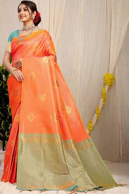 Orange Woven Silk Blend Saree With Blouse 1