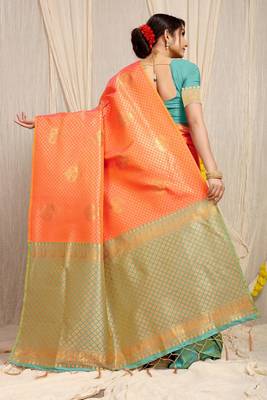 Orange Woven Silk Blend Saree With Blouse 3