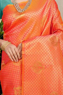 Orange Woven Silk Blend Saree With Blouse 4