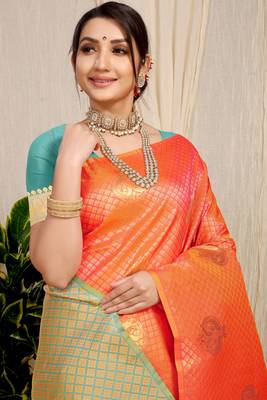 Orange Woven Silk Blend Saree With Blouse 5