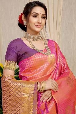 Peach Woven Silk Blend Saree With Blouse 5