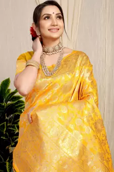 Yellow Woven silk blend Saree With Blouse