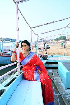 Red woven georgette saree with blouse