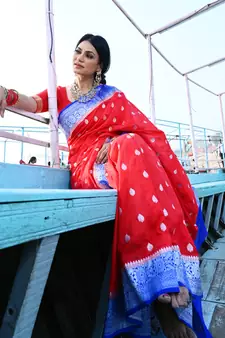 Red woven georgette saree with blouse
