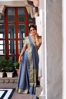 Grey woven katan silk saree with blouse