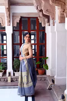 Grey woven katan silk saree with blouse