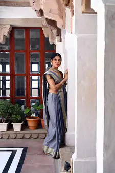 Grey woven katan silk saree with blouse