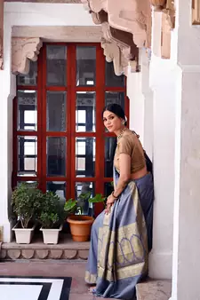 Grey woven katan silk saree with blouse