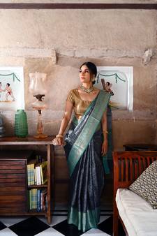 Grey woven Faux kanchipuram silk saree with blouse