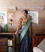 Grey woven Faux kanchipuram silk saree with blouse