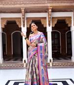 Pink woven kanchipuram silk blend saree with blouse