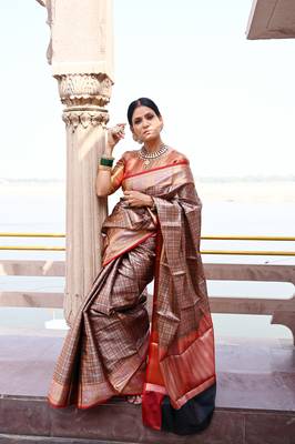 Beige woven Faux kanchipuram silk saree with blouse 1