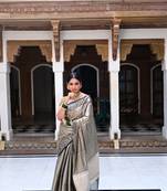 Black woven Faux kanchipuram silk saree with blouse