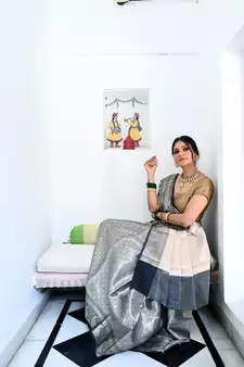 Black woven Faux kanchipuram silk saree with blouse