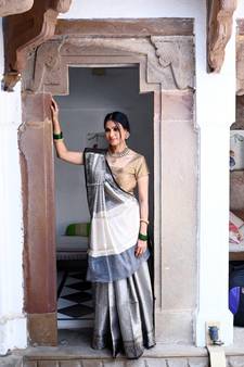 Black woven Faux kanchipuram silk saree with blouse