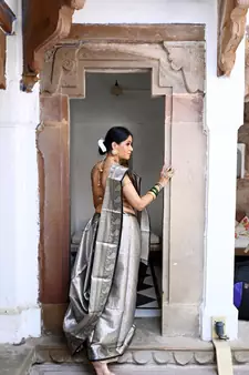 Black woven Faux kanchipuram silk saree with blouse