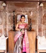Black woven kanchipuram silk blend saree with blouse