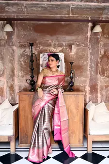 Black woven kanchipuram silk blend saree with blouse