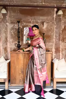 Black woven kanchipuram silk blend saree with blouse