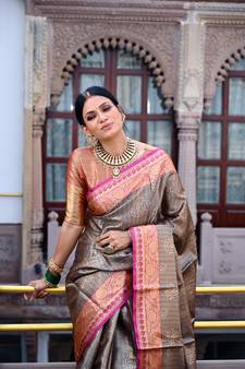 Black woven Faux kanchipuram silk saree with blouse