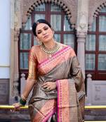 Black woven Faux kanchipuram silk saree with blouse