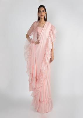 BABY PINK RUFFLED SAREE SET WITH EMBROIDERED JACKET 1