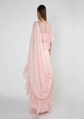 BABY PINK RUFFLED SAREE SET WITH EMBROIDERED JACKET 2