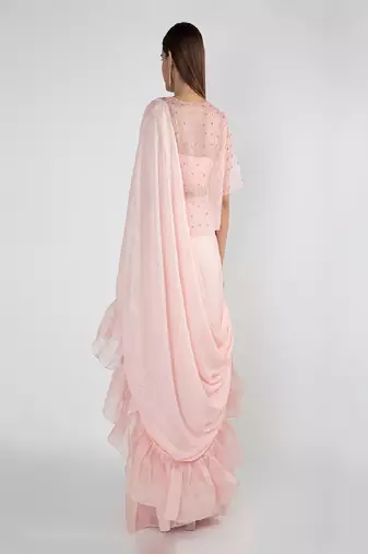 BABY PINK RUFFLED SAREE SET WITH EMBROIDERED JACKET