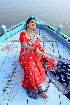 Red woven georgette saree with blouse