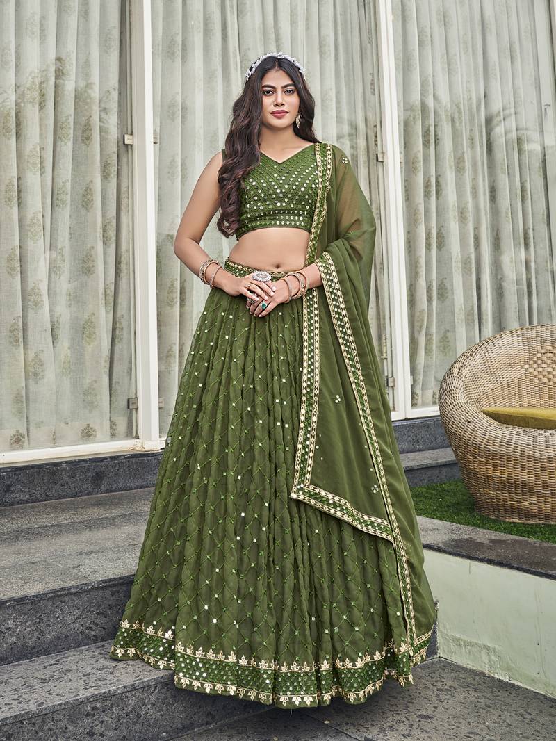 Olive Green Golden Sequinsed Georgette Wedding Lehenga Choli