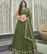 Olive Green Golden Sequinsed Georgette Wedding Lehenga Choli