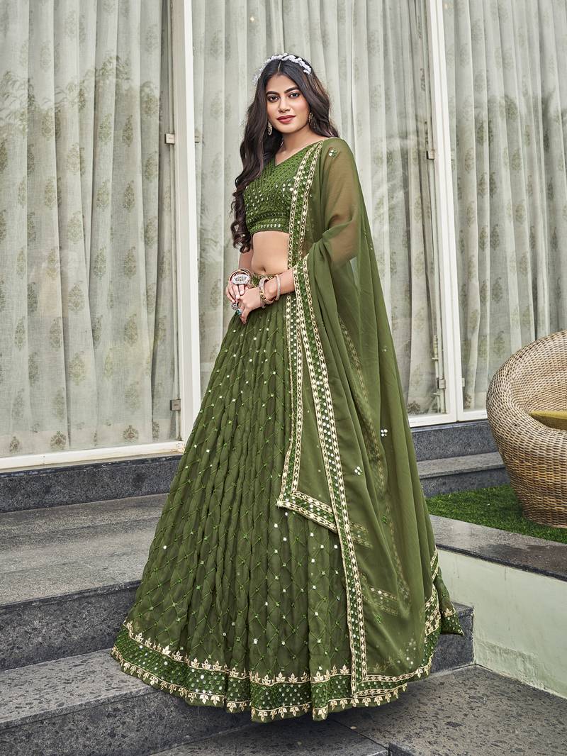 Olive Green Golden Sequinsed Georgette Wedding Lehenga Choli
