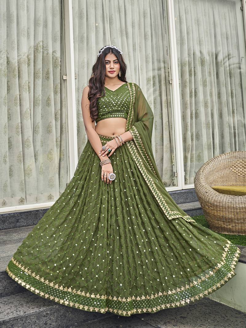 Olive Green Golden Sequinsed Georgette Wedding Lehenga Choli