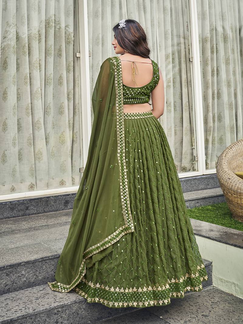 Olive Green Golden Sequinsed Georgette Wedding Lehenga Choli