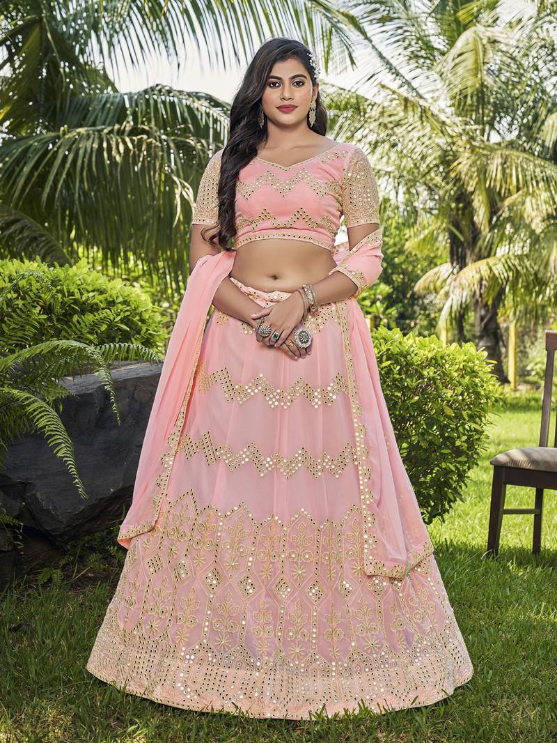Baby Pink Golden Embroidered Georgette Wedding Lehenga Choli