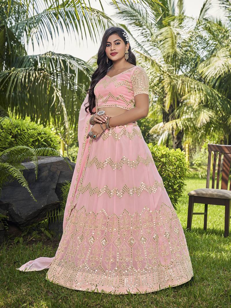 Baby Pink Golden Embroidered Georgette Wedding Lehenga Choli