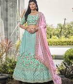 Sky Blue & Pink Embroidered Silk Wedding Wear Lehenga Choli