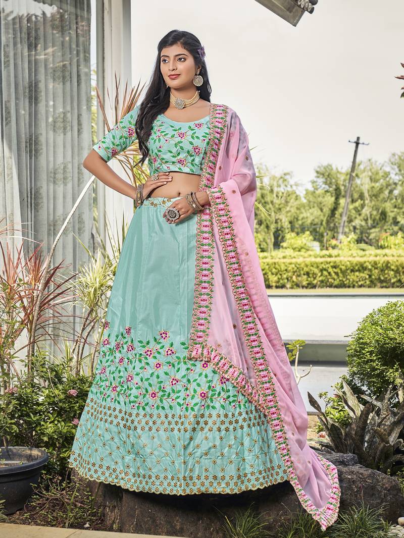 Sky Blue & Pink Embroidered Silk Wedding Wear Lehenga Choli