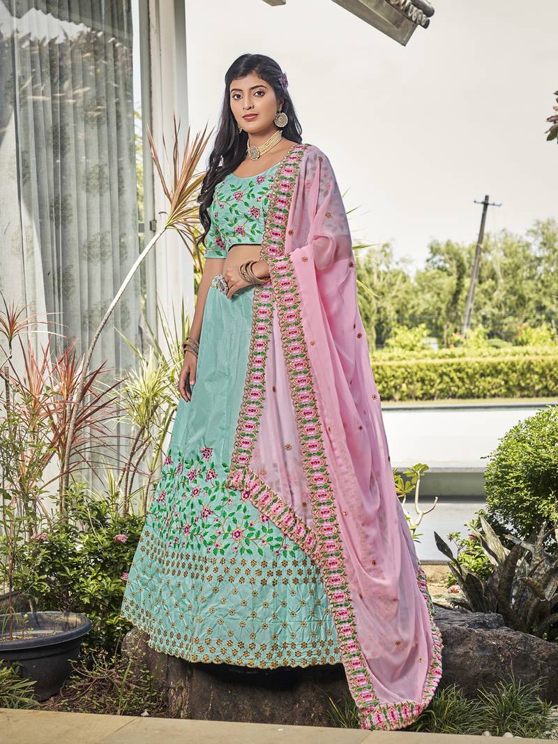Sky Blue & Pink Embroidered Silk Wedding Wear Lehenga Choli