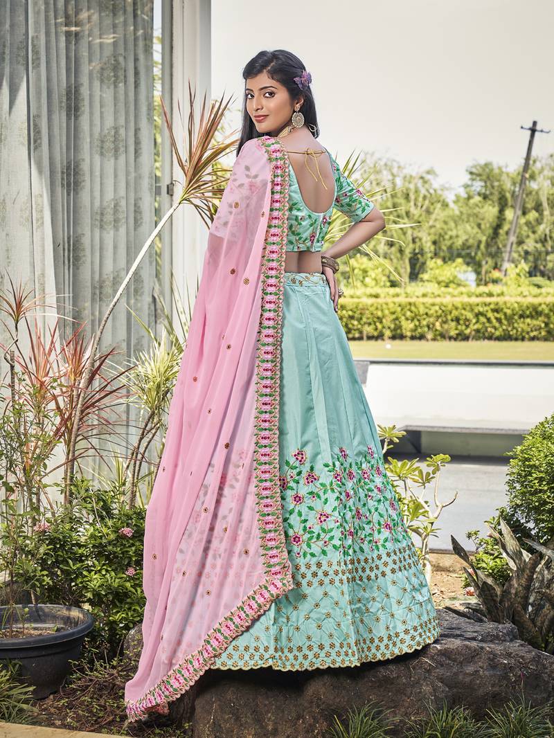 Sky Blue & Pink Embroidered Silk Wedding Wear Lehenga Choli