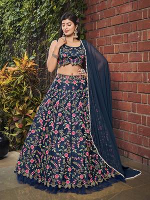 Navy Blue Floral Embroidered Silk Wedding Special Lehenga Choli 1