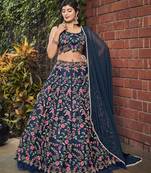 Navy Blue Floral Embroidered Silk Wedding Special Lehenga Choli