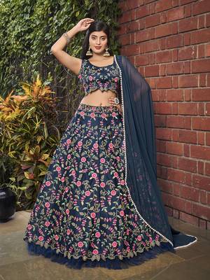 Navy Blue Floral Embroidered Silk Wedding Special Lehenga Choli 2