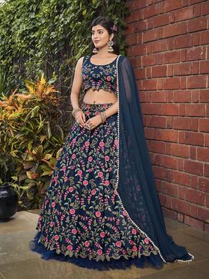 Navy Blue Floral Embroidered Silk Wedding Special Lehenga Choli 3