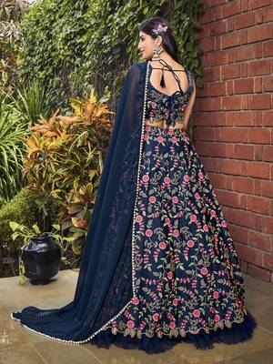 Navy Blue Floral Embroidered Silk Wedding Special Lehenga Choli 4