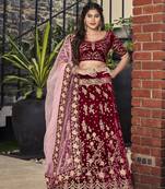 Blood Red Golden Embroidered Velvet Bridal Lehenga Choli