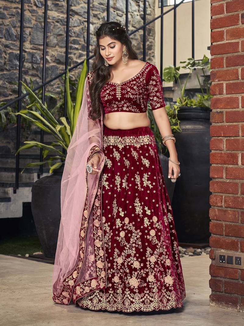 Blood Red Golden Embroidered Velvet Bridal Lehenga Choli