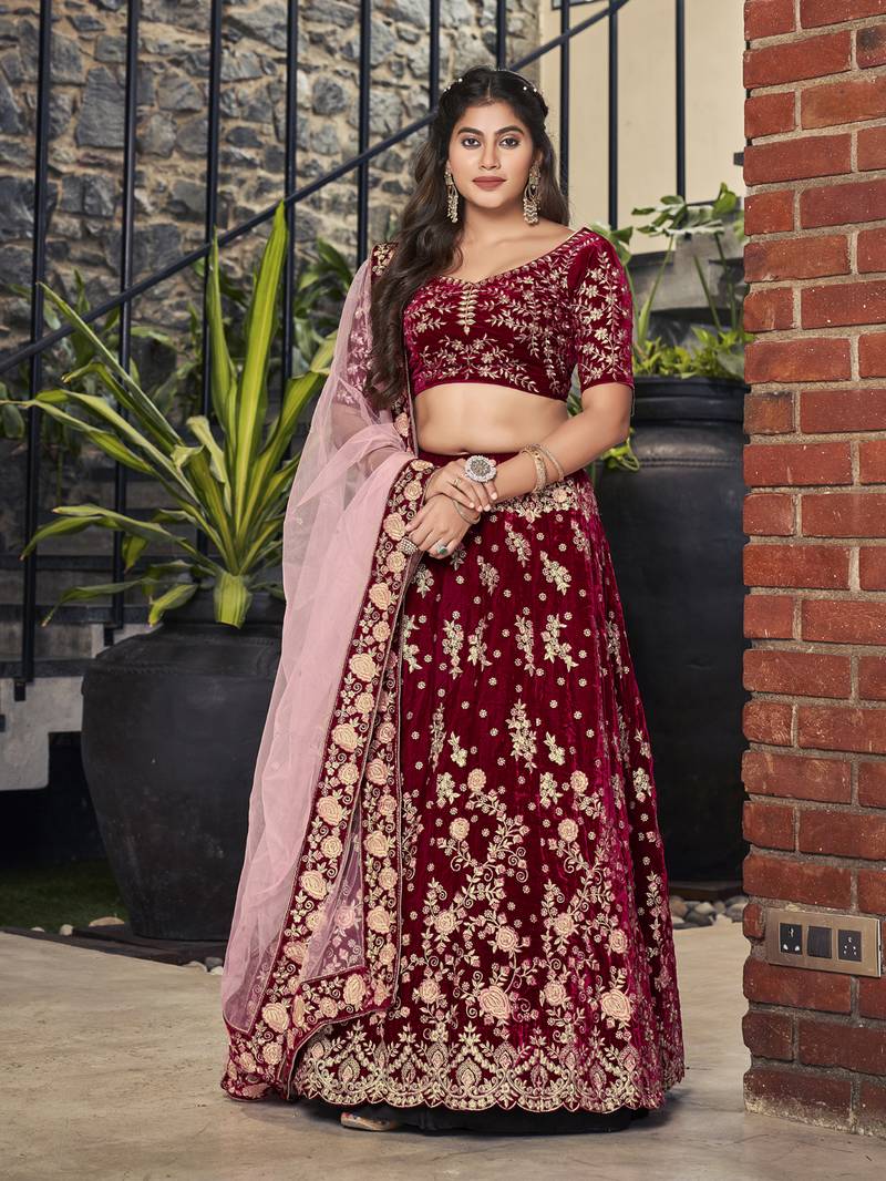 Blood Red Golden Embroidered Velvet Bridal Lehenga Choli